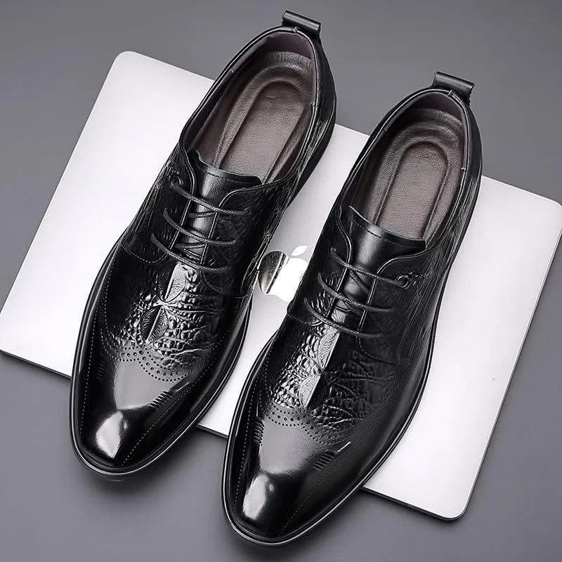 Premium Crocodile Print Derby Shoes for Men - Business Formal Office Wedding Attire Cap Toe Wingtip Design Anti-Slip Rubber Sole Dress Footwear