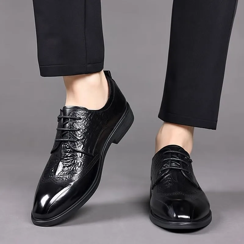 Premium Crocodile Print Derby Shoes for Men - Business Formal Office Wedding Attire Cap Toe Wingtip Design Anti-Slip Rubber Sole Dress Footwear