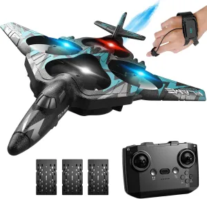 Remote Control Drone for Kids, Gesture RC Stealth Raptor Airplane, Quadcopter Fighter Jet with Light/Spray/360° Flip, Beginner Big RC Plane Toy for Boys Christmas Gifts (3 Batteries/984ft)