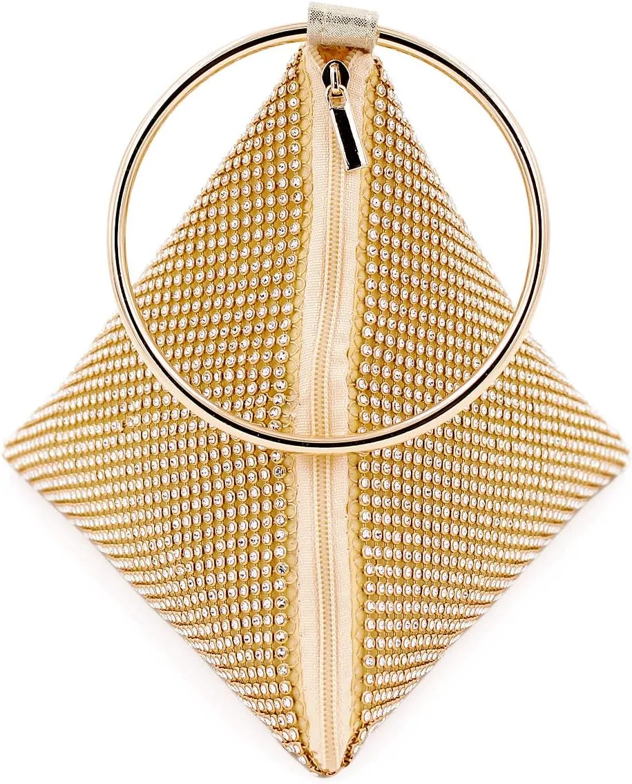 Rhinestone Mesh Triangle Pyramid Clutch Full Crystal Soft Wristlet Handbag