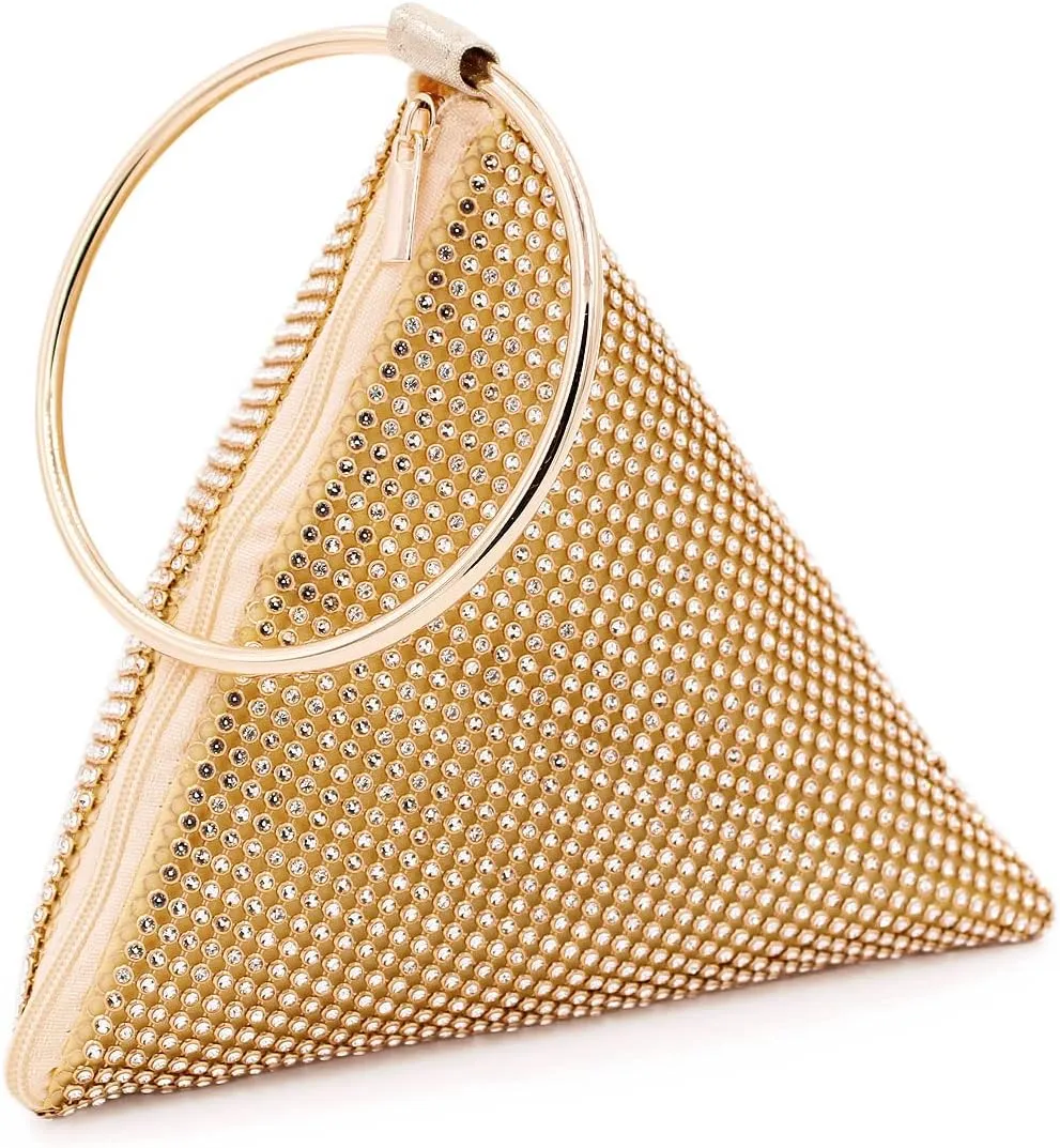 Rhinestone Mesh Triangle Pyramid Clutch Full Crystal Soft Wristlet Handbag