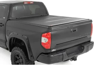 Rough Country Hard Tri-Fold Low Profile Tonneau Truck Bed Cover for Toyota Tundra (2007-2021) - Fits 5'7 Bed, All-Weather, Flush Aluminum Panels