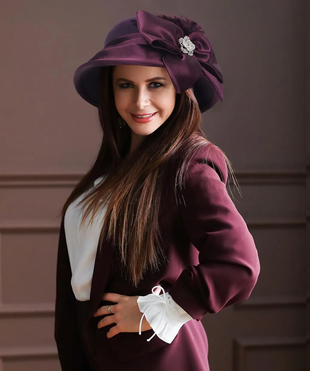 Ruphedy Womens Wool Felt Hats Wide Brim Derby Church Dress Hat for Fall Winter 1920s