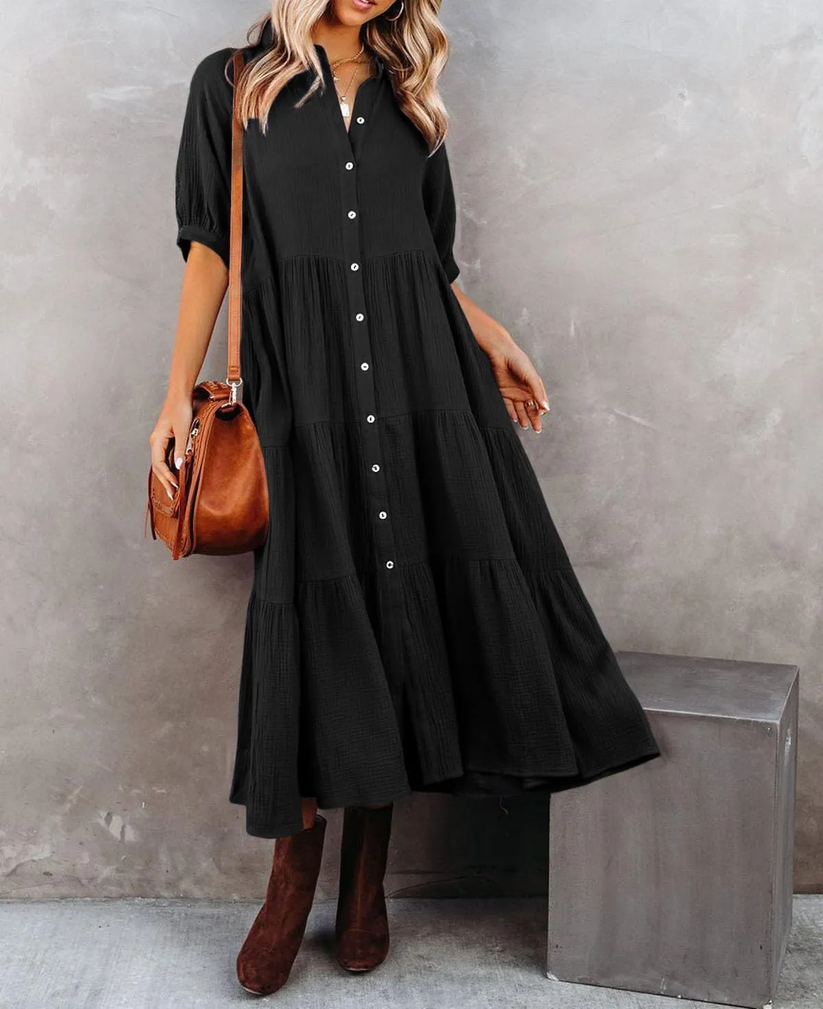 R.Vivimos Women's Summer Cotton Half Sleeves Button Down Casual Loose Slit Midi Dress with Pockets