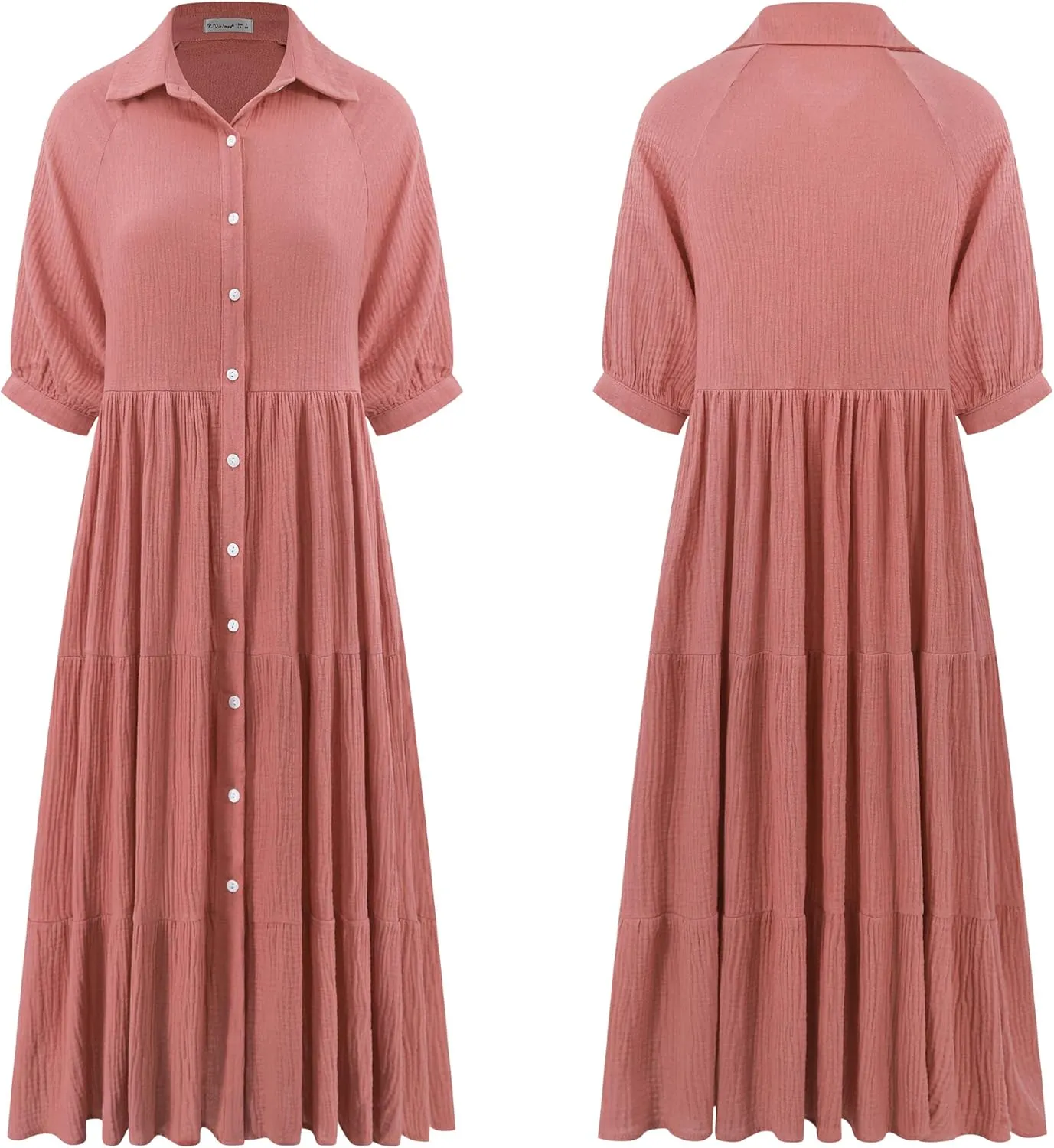 R.Vivimos Women's Summer Cotton Half Sleeves Button Down Casual Loose Slit Midi Dress with Pockets