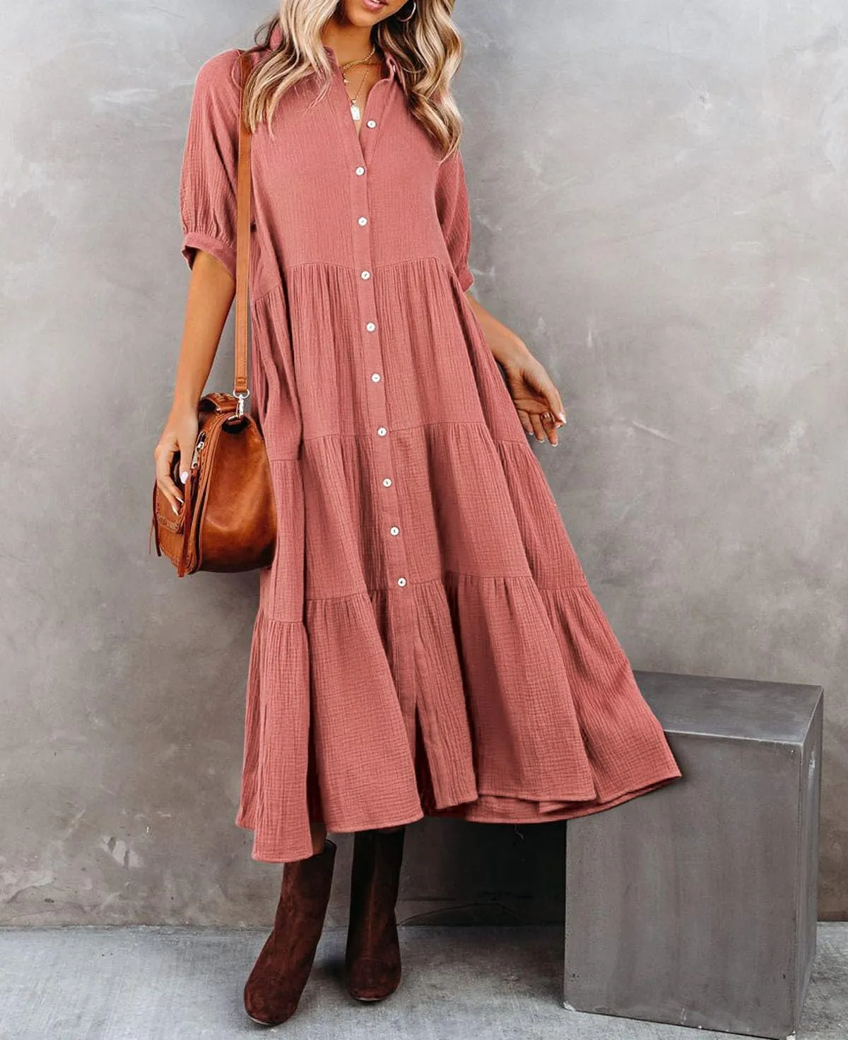 R.Vivimos Women's Summer Cotton Half Sleeves Button Down Casual Loose Slit Midi Dress with Pockets