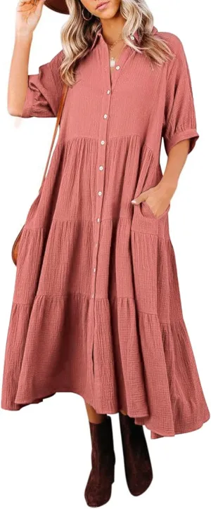 R.Vivimos Women's Summer Cotton Half Sleeves Button Down Casual Loose Slit Midi Dress with Pockets
