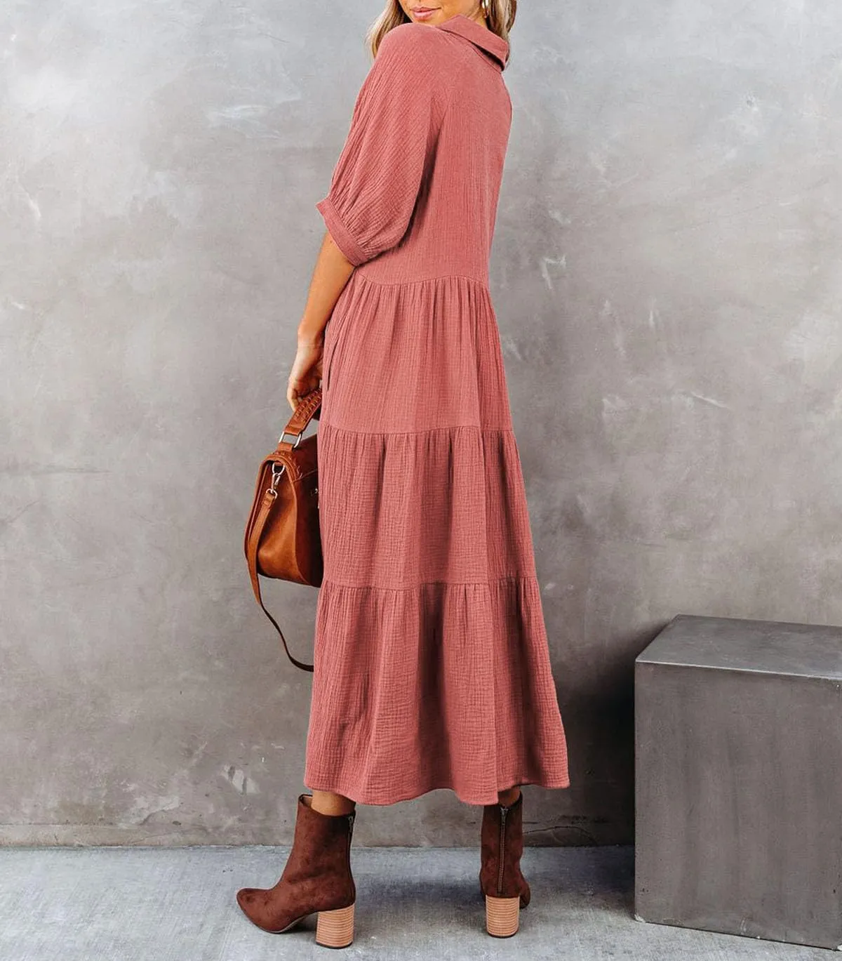 R.Vivimos Women's Summer Cotton Half Sleeves Button Down Casual Loose Slit Midi Dress with Pockets
