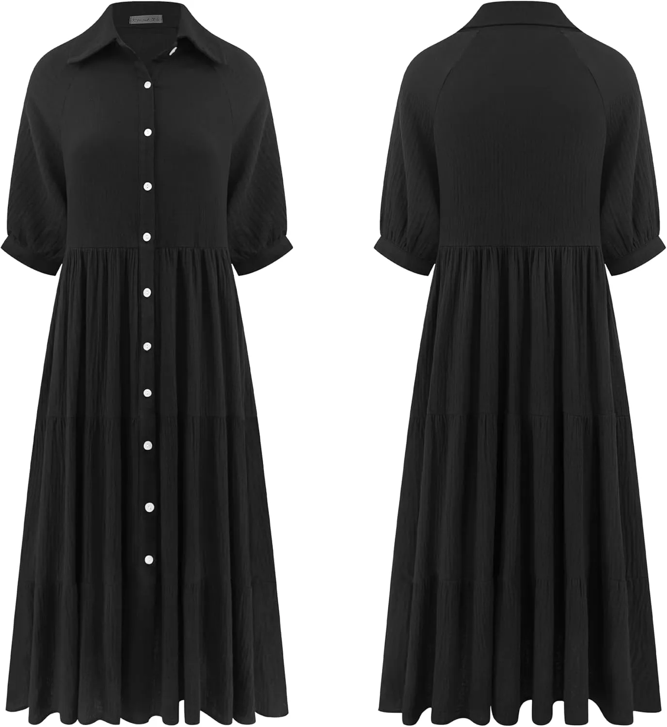 R.Vivimos Women's Summer Cotton Half Sleeves Button Down Casual Loose Slit Midi Dress with Pockets