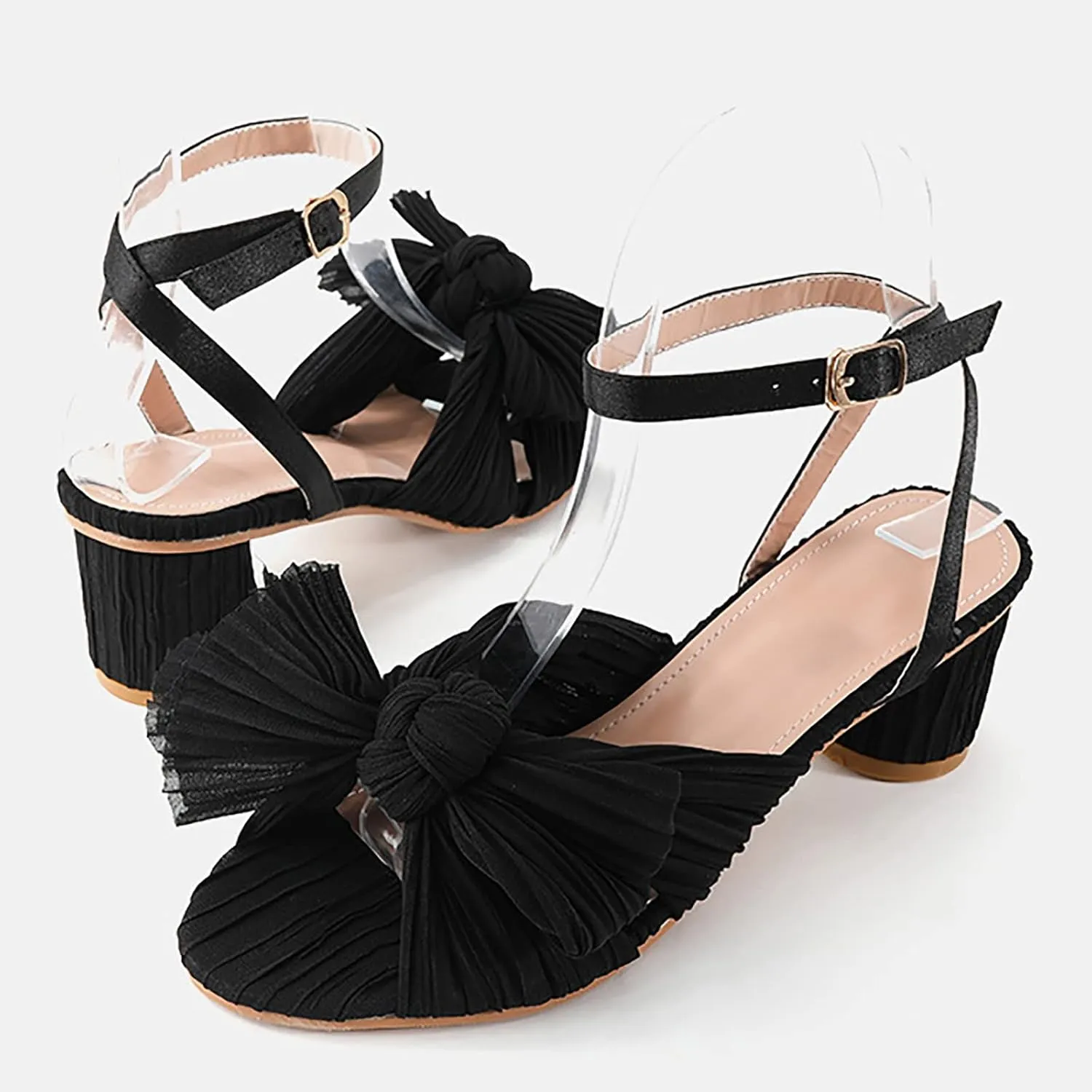 Sandals Women Bow Knot Heeled Sandals Open Toe High Block Heels Ankle Strap Chunky Heels Bride Wedding Shoes
