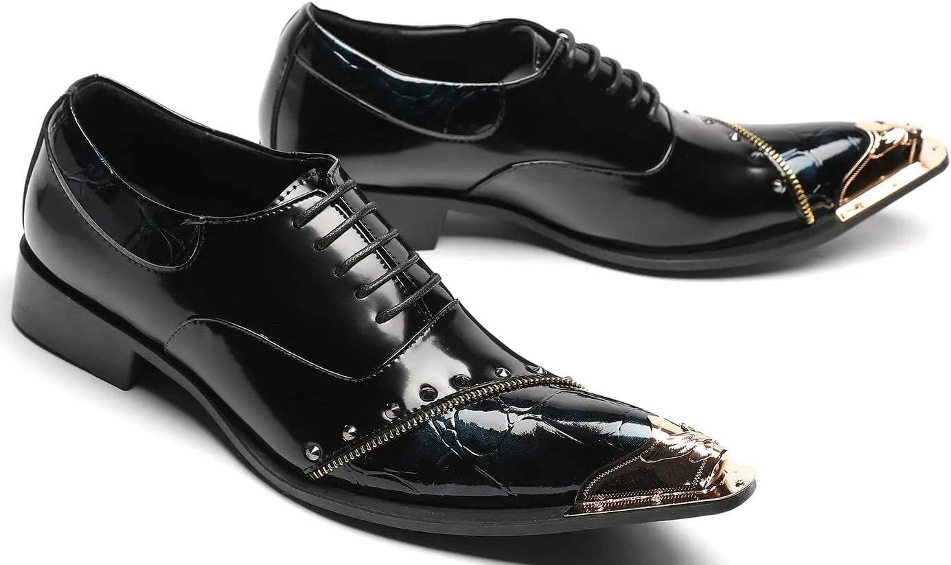 Santimon Men's Derby Business Black Leather W Rivets Zipper Studs Party Dancing Shoes