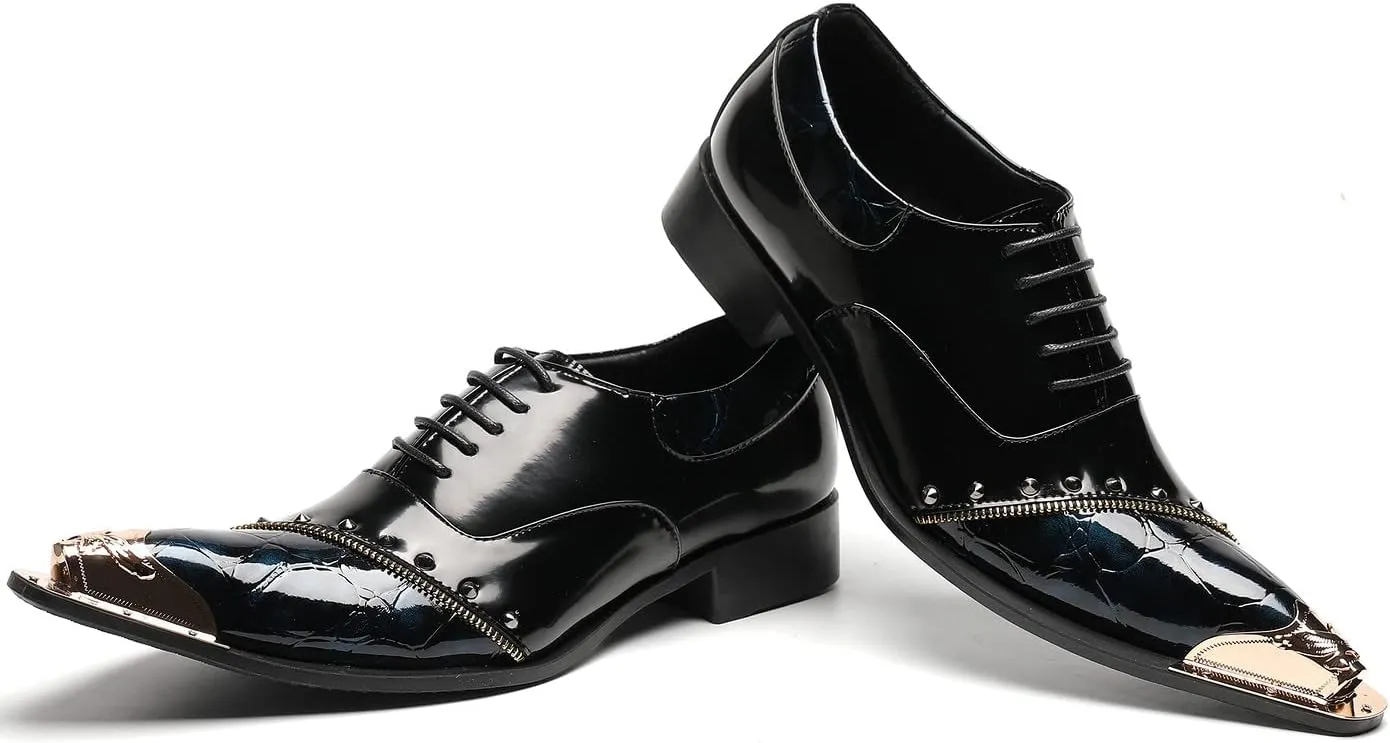 Santimon Men's Derby Business Black Leather W Rivets Zipper Studs Party Dancing Shoes