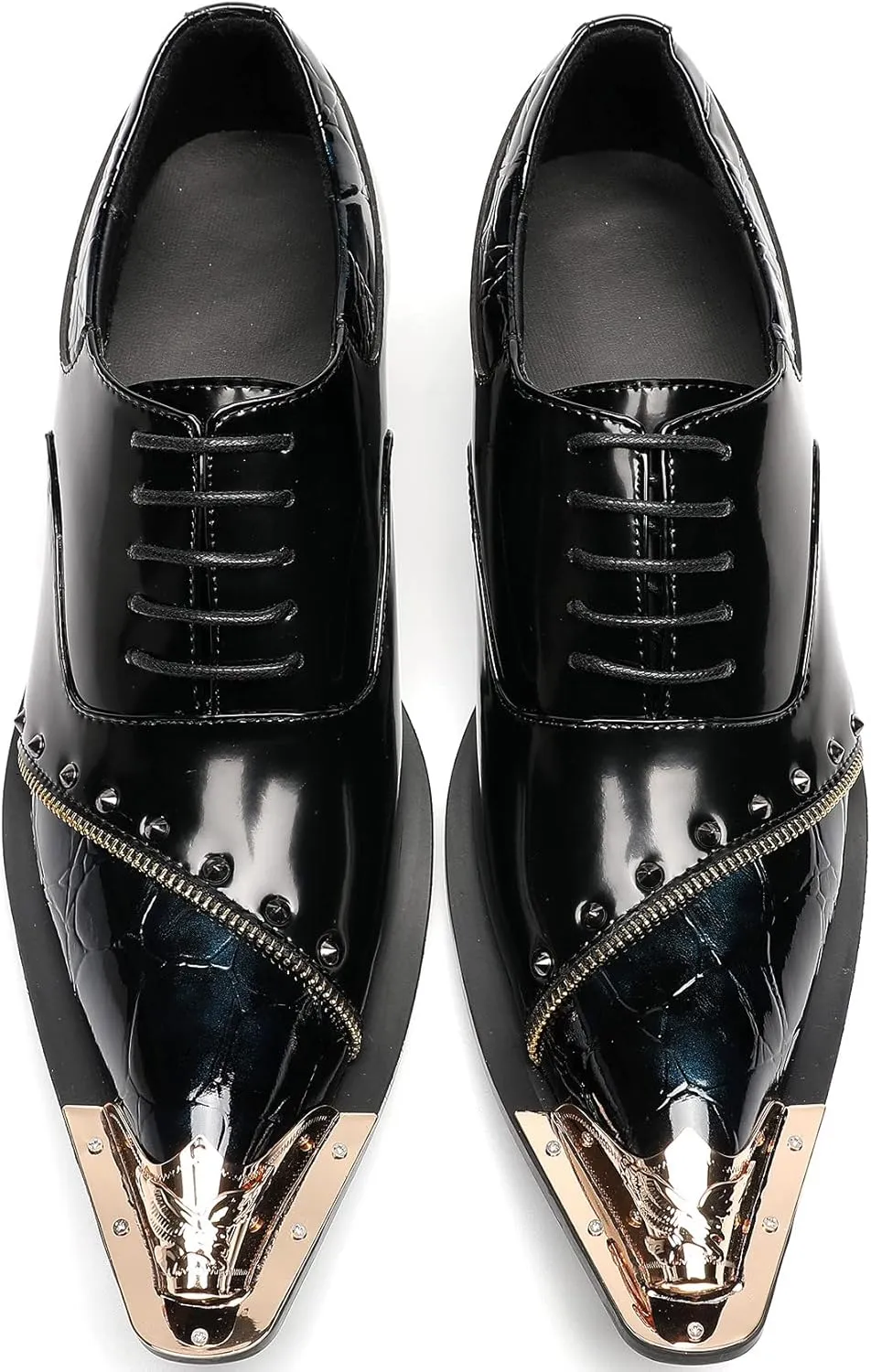 Santimon Men's Derby Business Black Leather W Rivets Zipper Studs Party Dancing Shoes