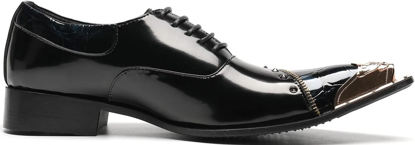 Santimon Men's Derby Business Black Leather W Rivets Zipper Studs Party Dancing Shoes