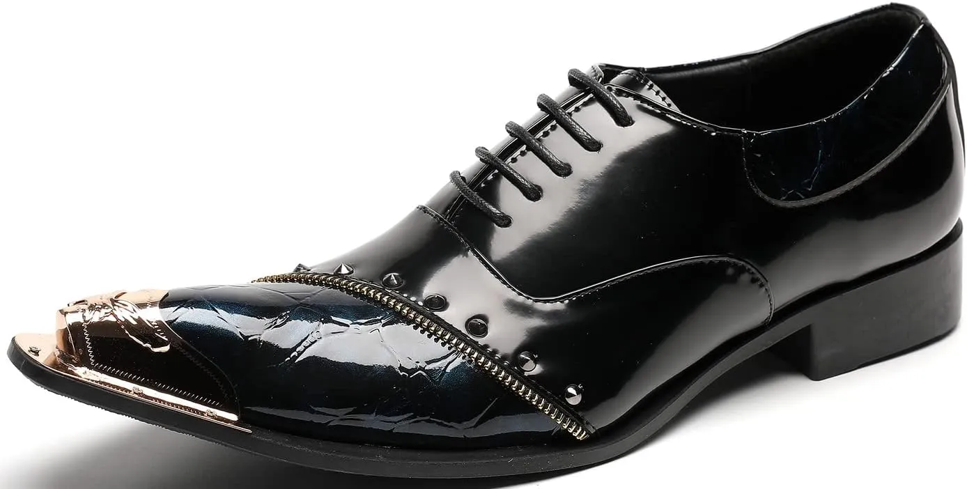 Santimon Men's Derby Business Black Leather W Rivets Zipper Studs Party Dancing Shoes