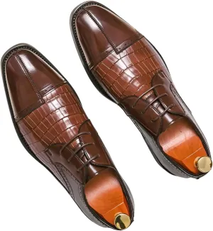 Santimon Men's Leather Dress Shoes with Crocodile Pattern Lace-Up Oxfords for Business, Weddings & Formal Events Derby Shoes
