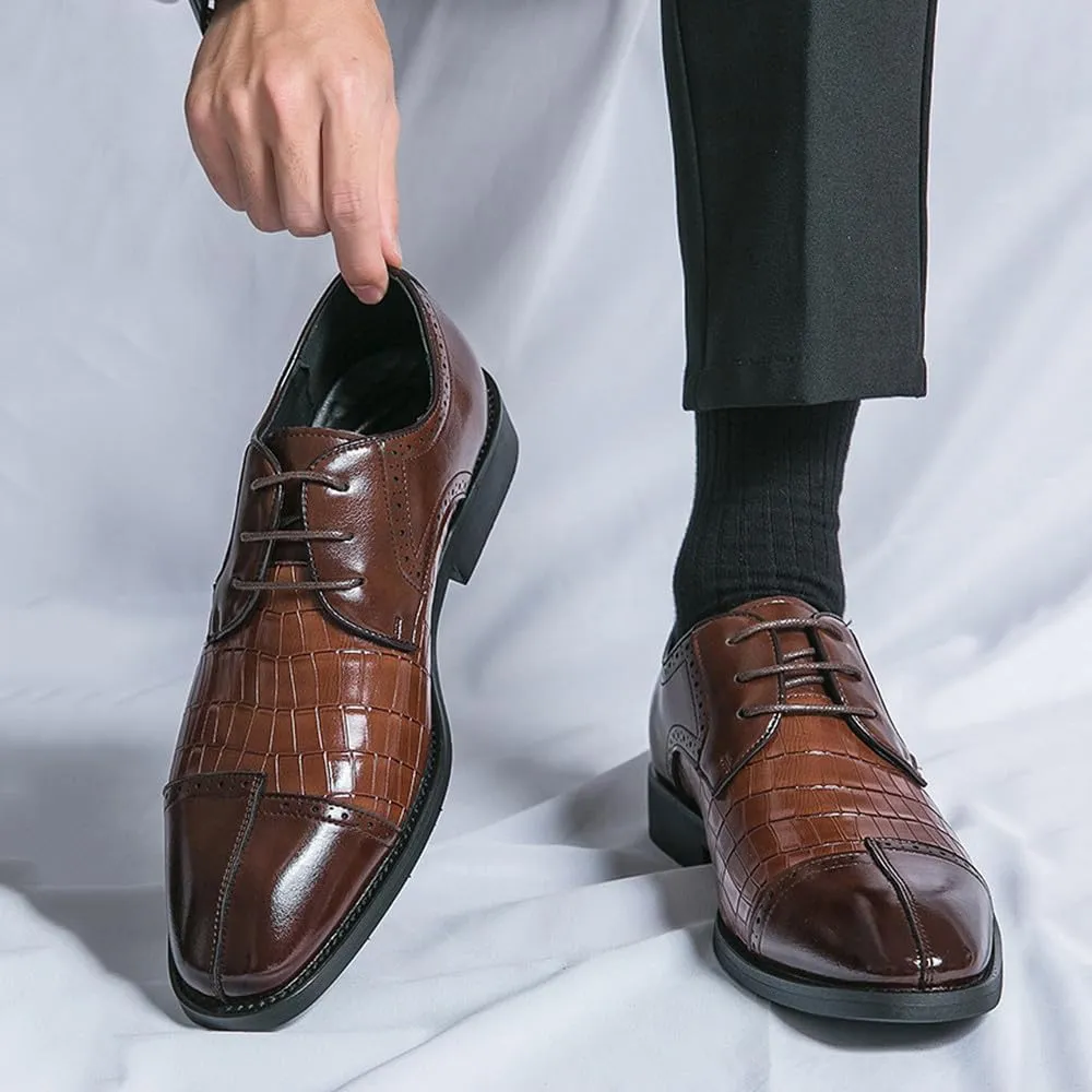 Santimon Men's Leather Dress Shoes with Crocodile Pattern Lace-Up Oxfords for Business, Weddings & Formal Events Derby Shoes