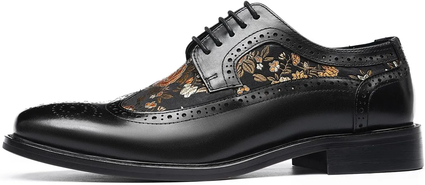 Santimon Men’s Leather Oxfords Formal Dress Shoes – Lace-Up Embroidery Derby with Rubber Sole, Soft Calfskin Lining, Business Casual Suit Shoes for Office, Wedding & Daily Wear