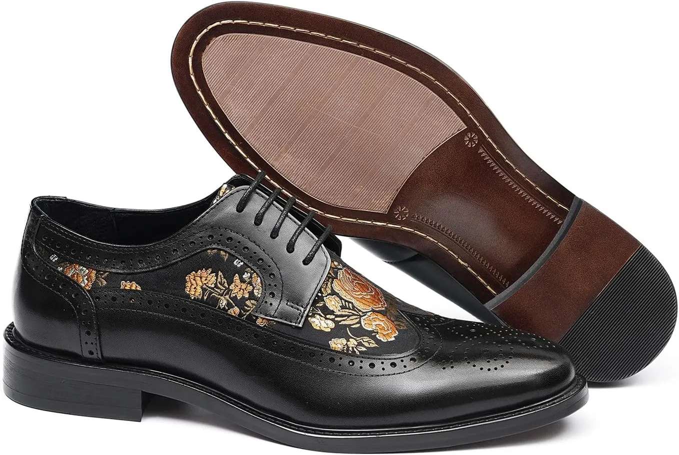 Santimon Men’s Leather Oxfords Formal Dress Shoes – Lace-Up Embroidery Derby with Rubber Sole, Soft Calfskin Lining, Business Casual Suit Shoes for Office, Wedding & Daily Wear