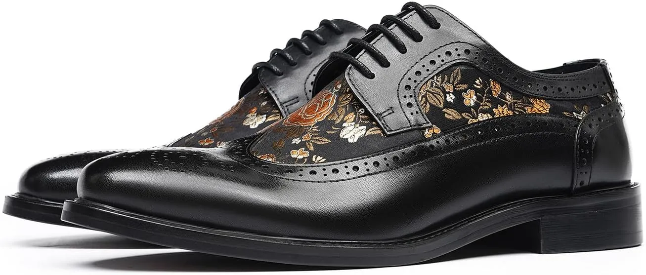 Santimon Men’s Leather Oxfords Formal Dress Shoes – Lace-Up Embroidery Derby with Rubber Sole, Soft Calfskin Lining, Business Casual Suit Shoes for Office, Wedding & Daily Wear