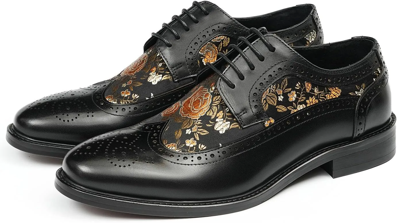 Santimon Men’s Leather Oxfords Formal Dress Shoes – Lace-Up Embroidery Derby with Rubber Sole, Soft Calfskin Lining, Business Casual Suit Shoes for Office, Wedding & Daily Wear