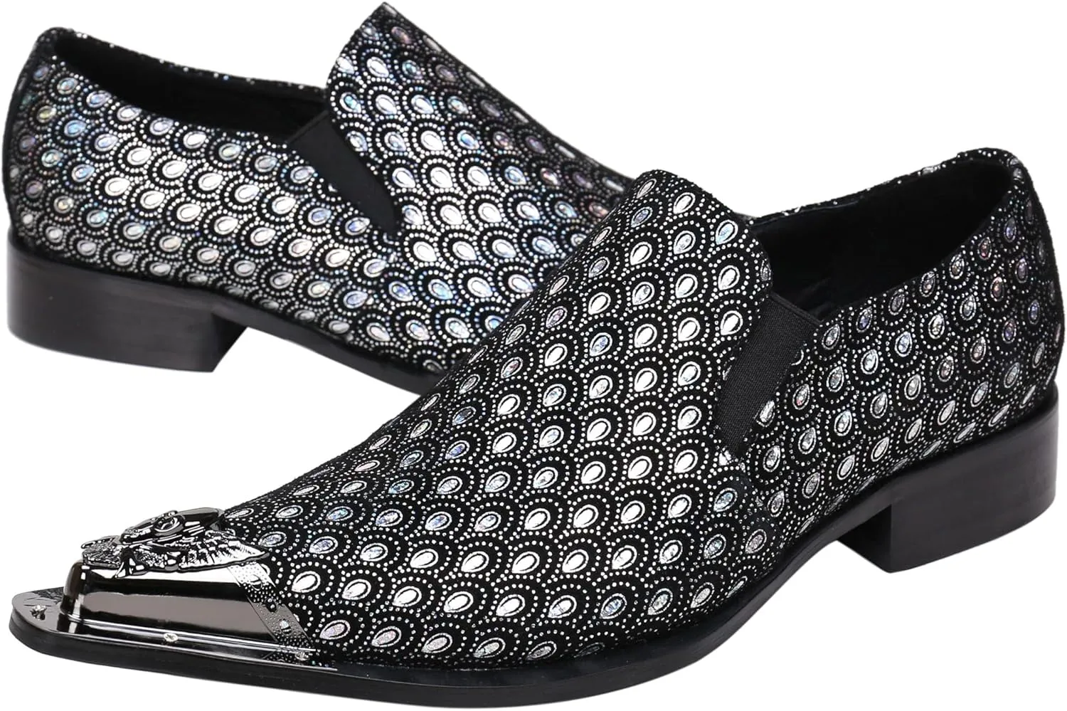 Santimon Mens Loafers Pointed Toe Sparkling Leather Fashion Casual Metal Tip Western Dress Shoes