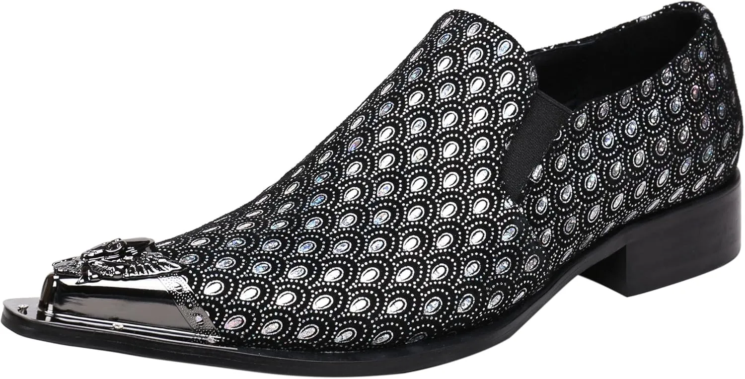 Santimon Mens Loafers Pointed Toe Sparkling Leather Fashion Casual Metal Tip Western Dress Shoes