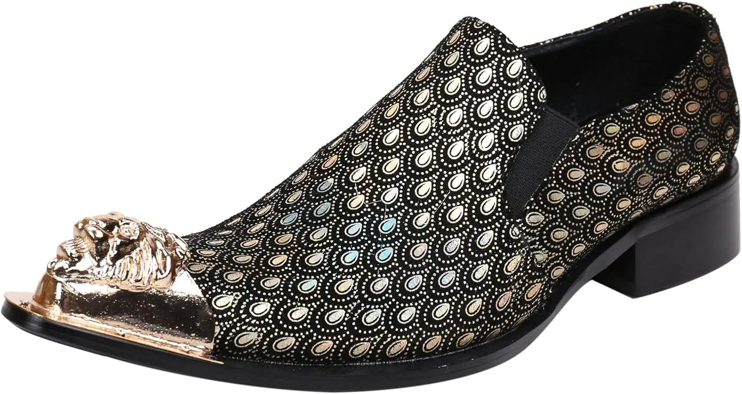 Santimon Mens Loafers Pointed Toe Sparkling Leather Fashion Casual Metal Tip Western Dress Shoes