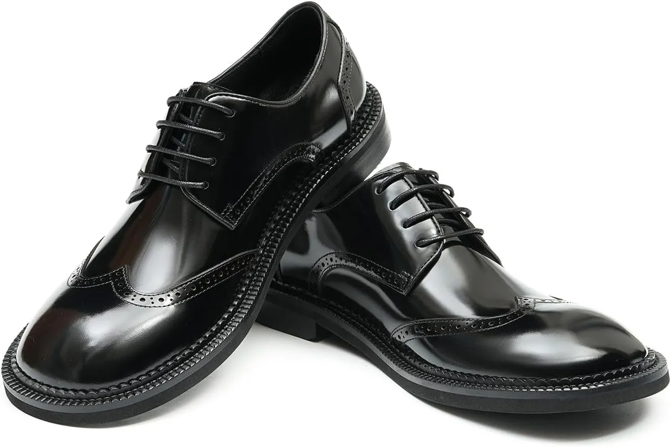 Santimon Mens Oxfords Formal Dress Derby Fashion Patent Leather Square Toe Wingtip Brogue Shoes Prom Wedding Tuxedo Business Causal Shoes for Men