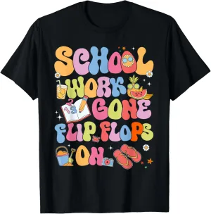 School Work Gone Flip Flops On Summer Teacher Retro Groovy T-Shirt