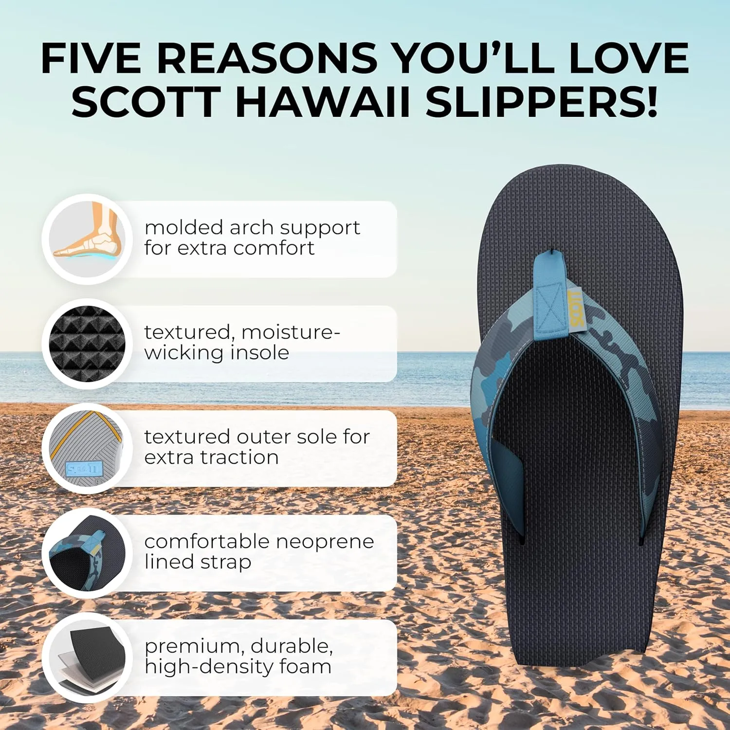 Scott Hawaii Men's Kaikane Sandal | Nylon Strap with Neoprene Lining | Molded Rubber Outsole with Arch Support and Heel Cup | Podiatrist Recommended