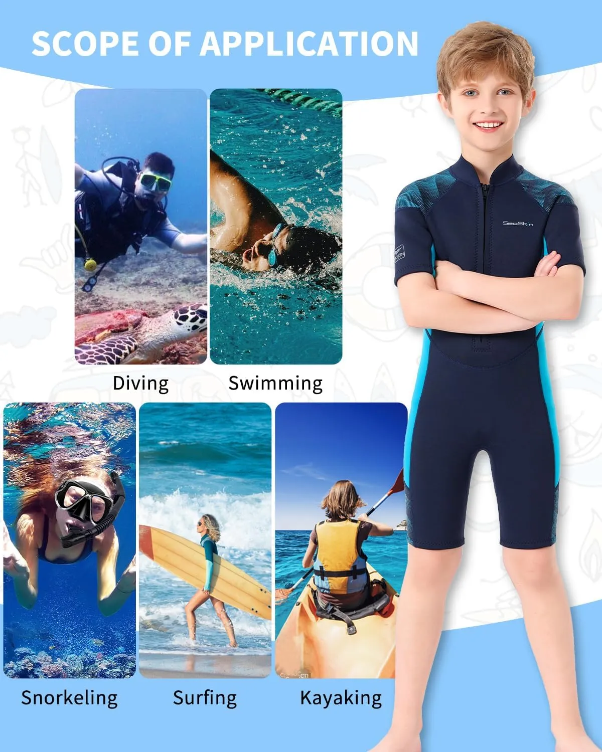 Seaskin Kids Wetsuit for Boys Girls Toddler, 2mm Front Zip Thermal Swimsuits Shorty Diving Suits