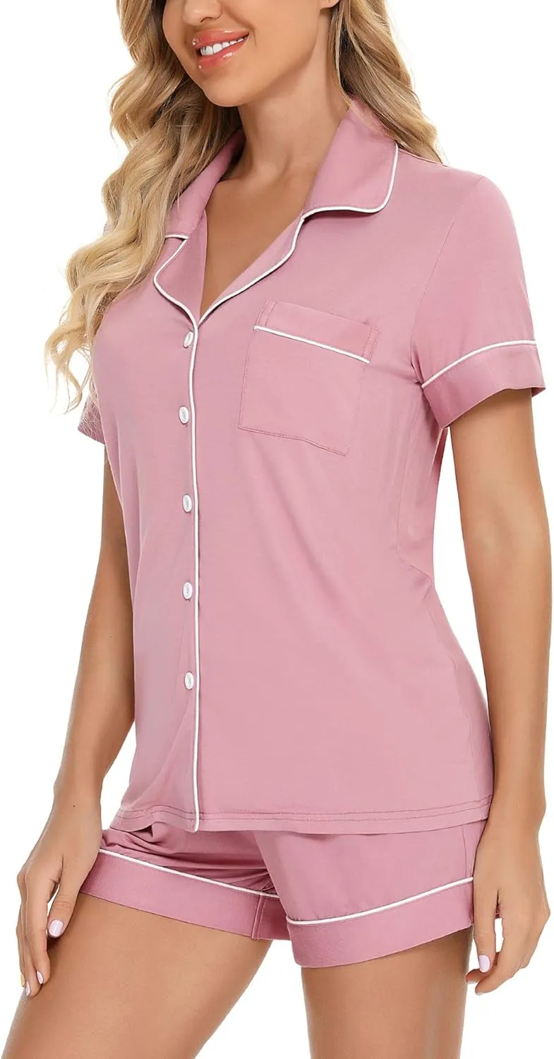 Senert Pajamas Set For Women Short Sleeve Sleepwear Soft Button Down Pjs Set Nightwear Lounge Sets S-XXL