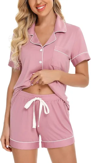Senert Pajamas Set For Women Short Sleeve Sleepwear Soft Button Down Pjs Set Nightwear Lounge Sets S-XXL