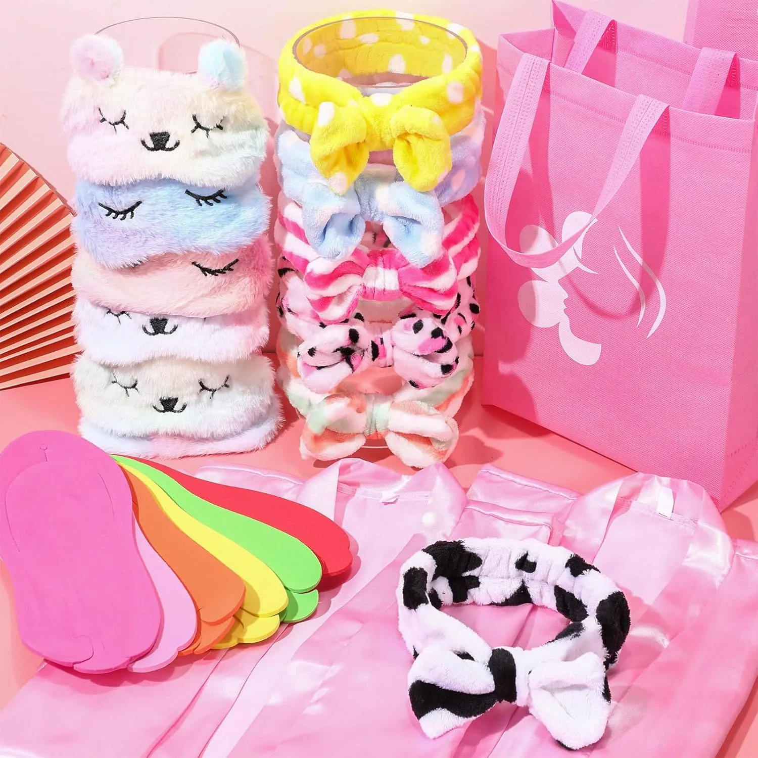 Shihanee 30 Pcs Spa Party Supplies for Girls, 6 Satin Robe 6 Kids Slippers Sleepover Birthday Spa Party Favors