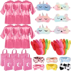 Shihanee 30 Pcs Spa Party Supplies for Girls, 6 Satin Robe 6 Kids Slippers Sleepover Birthday Spa Party Favors