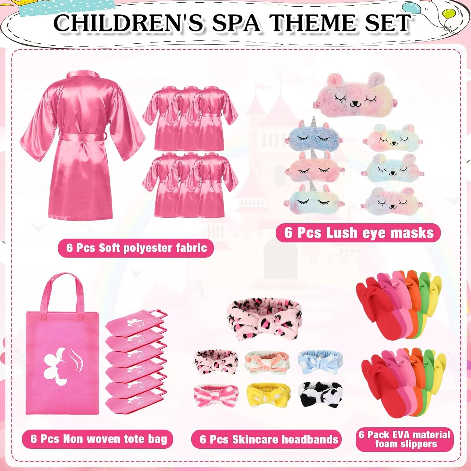 Shihanee 30 Pcs Spa Party Supplies for Girls, 6 Satin Robe 6 Kids Slippers Sleepover Birthday Spa Party Favors