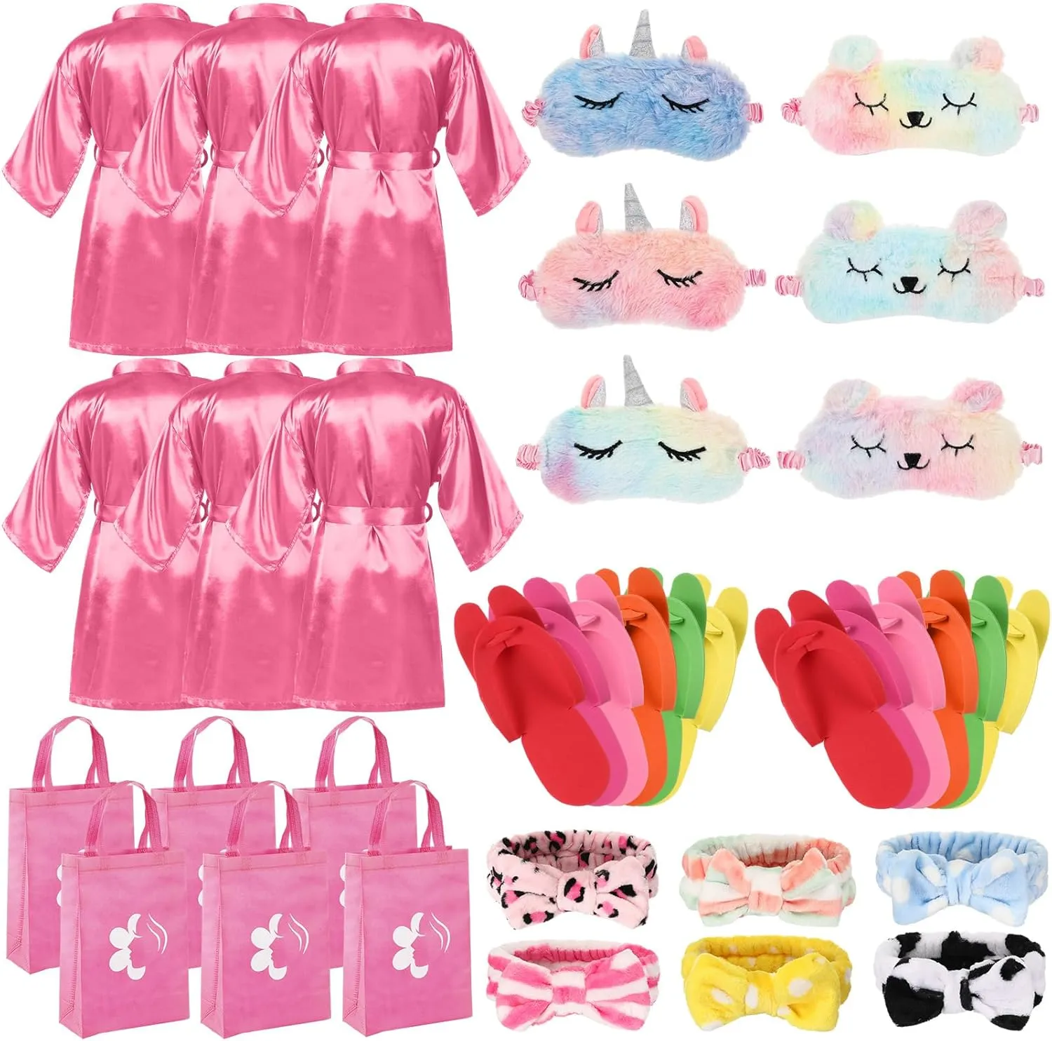 Shihanee 30 Pcs Spa Party Supplies for Girls, 6 Satin Robe 6 Kids Slippers Sleepover Birthday Spa Party Favors
