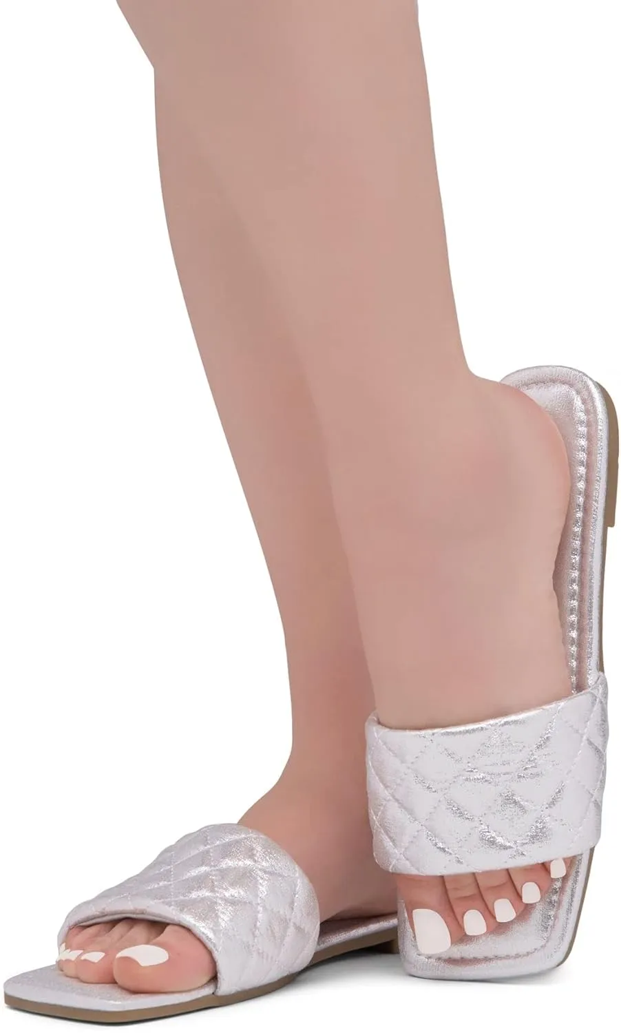 Shoe Land Anisha Women's Flat Sandals, Fashion Slides with Square Open Toe, Quilted Single Band Dressy Sandals, Slip-On Slippers for Summer, Daily Wear, Prom, and Party