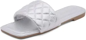 Shoe Land Anisha Women's Flat Sandals, Fashion Slides with Square Open Toe, Quilted Single Band Dressy Sandals, Slip-On Slippers for Summer, Daily Wear, Prom, and Party