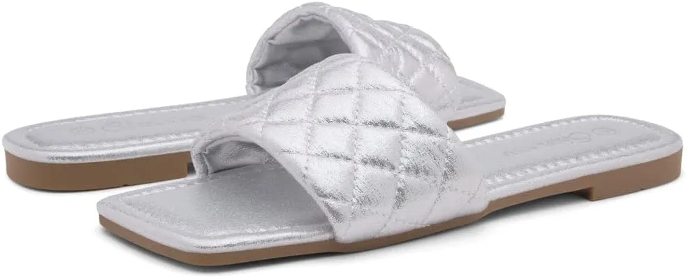 Shoe Land Anisha Women's Flat Sandals, Fashion Slides with Square Open Toe, Quilted Single Band Dressy Sandals, Slip-On Slippers for Summer, Daily Wear, Prom, and Party