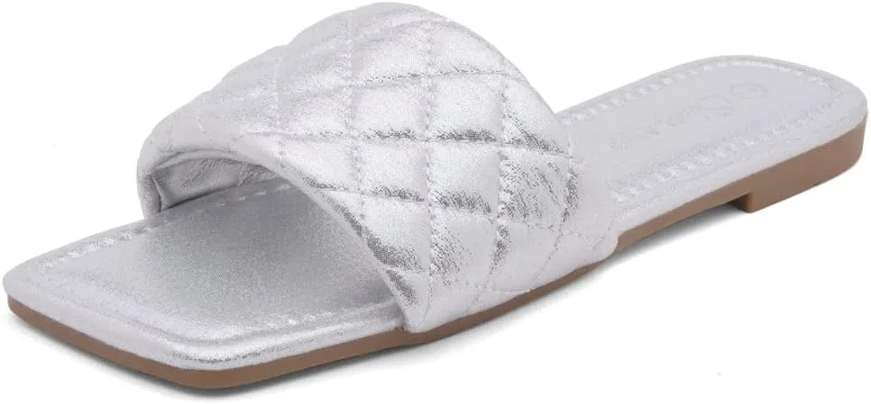 Shoe Land Anisha Women's Flat Sandals, Fashion Slides with Square Open Toe, Quilted Single Band Dressy Sandals, Slip-On Slippers for Summer, Daily Wear, Prom, and Party