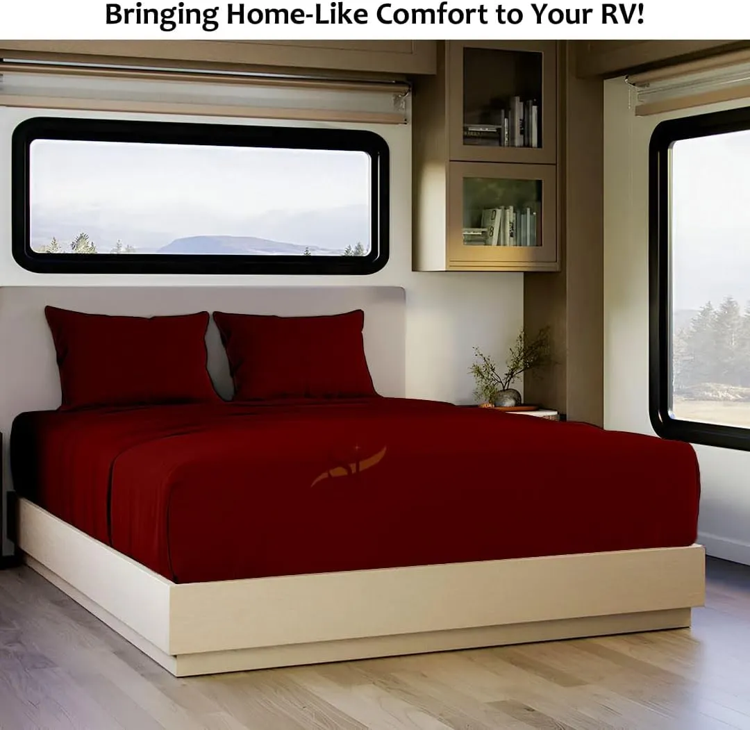 Shreem Linen Microfiber RV Sheet Sets, 48x75 3/4 Full Bunk, Burgundy Solid - Fits Mattresses up to 8 Inches Deep, 4 Piece RV Bed Sheets for Campers, Motorhomes, and Travel Trailers