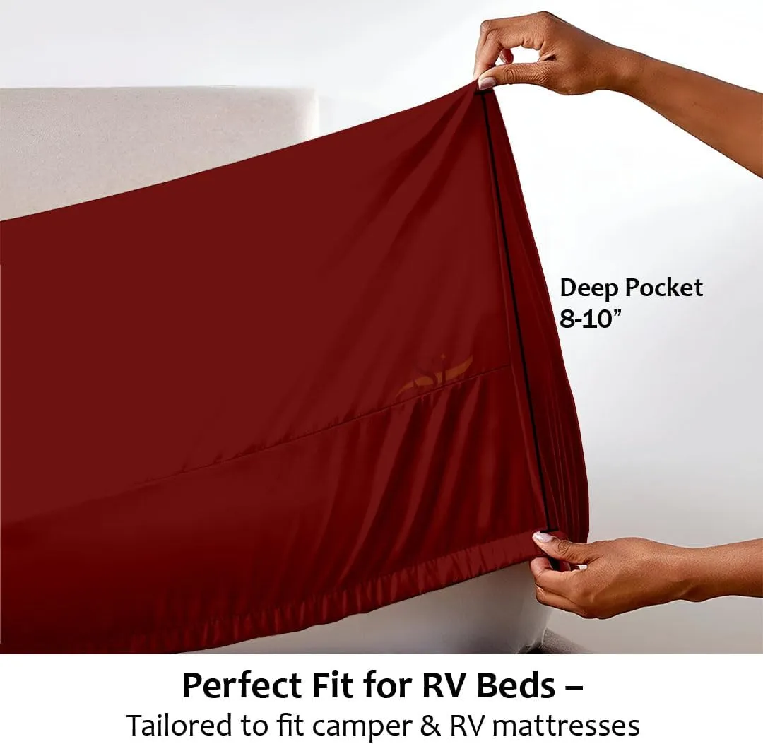 Shreem Linen Microfiber RV Sheet Sets, 48x75 3/4 Full Bunk, Burgundy Solid - Fits Mattresses up to 8 Inches Deep, 4 Piece RV Bed Sheets for Campers, Motorhomes, and Travel Trailers