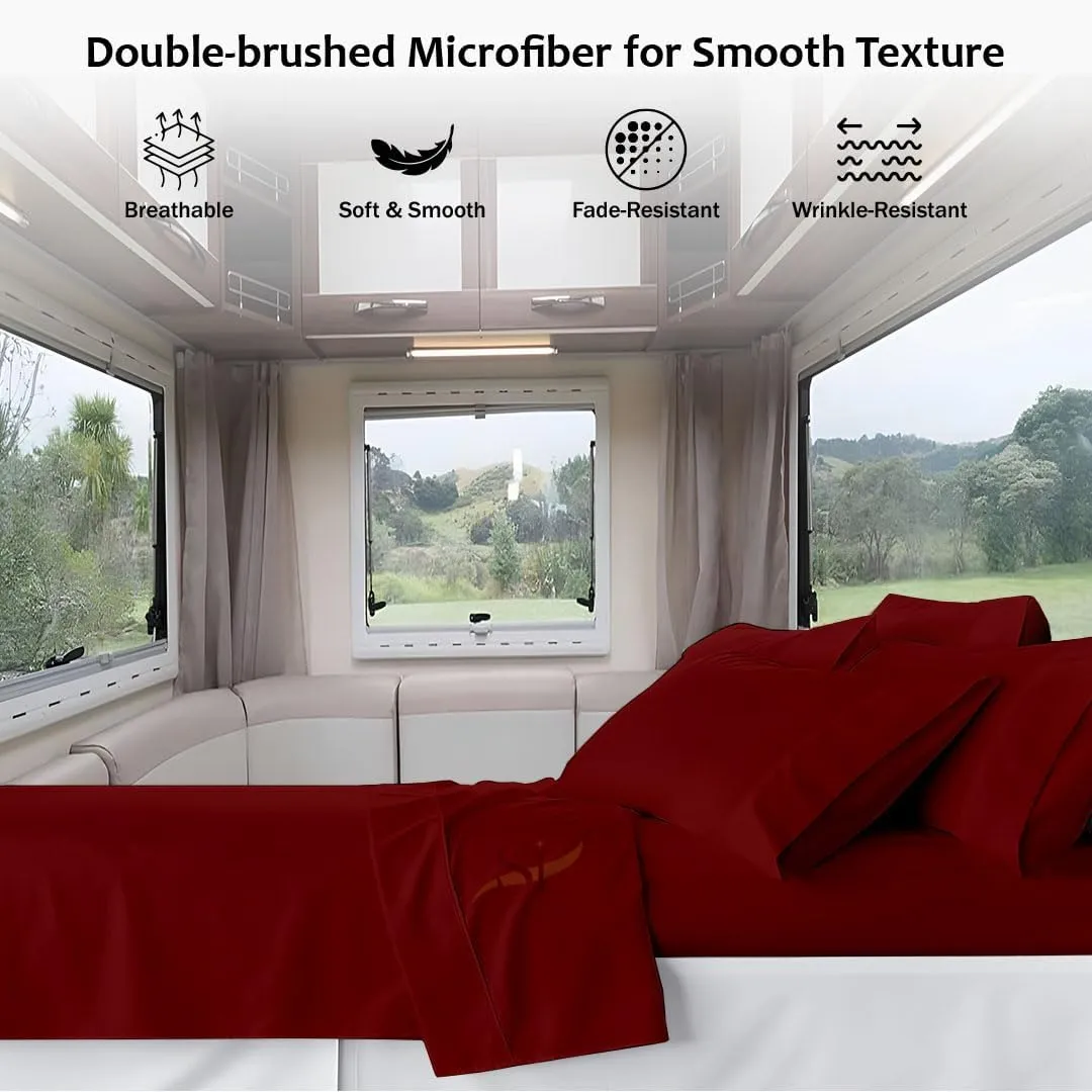 Shreem Linen Microfiber RV Sheet Sets, 48x75 3/4 Full Bunk, Burgundy Solid - Fits Mattresses up to 8 Inches Deep, 4 Piece RV Bed Sheets for Campers, Motorhomes, and Travel Trailers