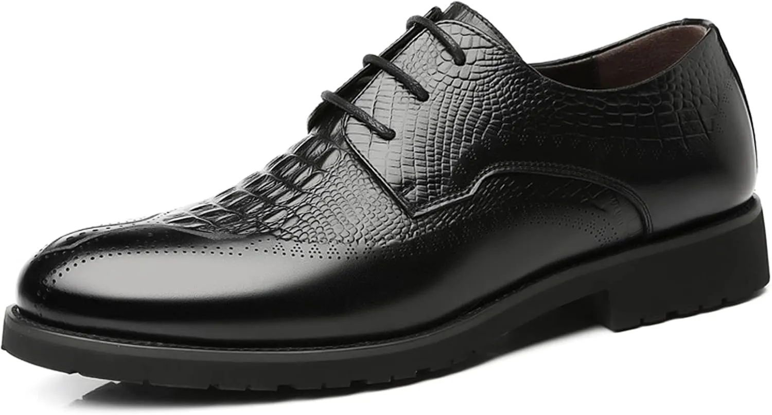 Single Season Dress Oxford Shoes for Men Lace Up Crocodile Embossed Derby Shoes Brogues Burnish Round Toe Vegan Leather Anti-Slip Rubber Sole Non Slip Low Top Prom Very Popular Among Youn