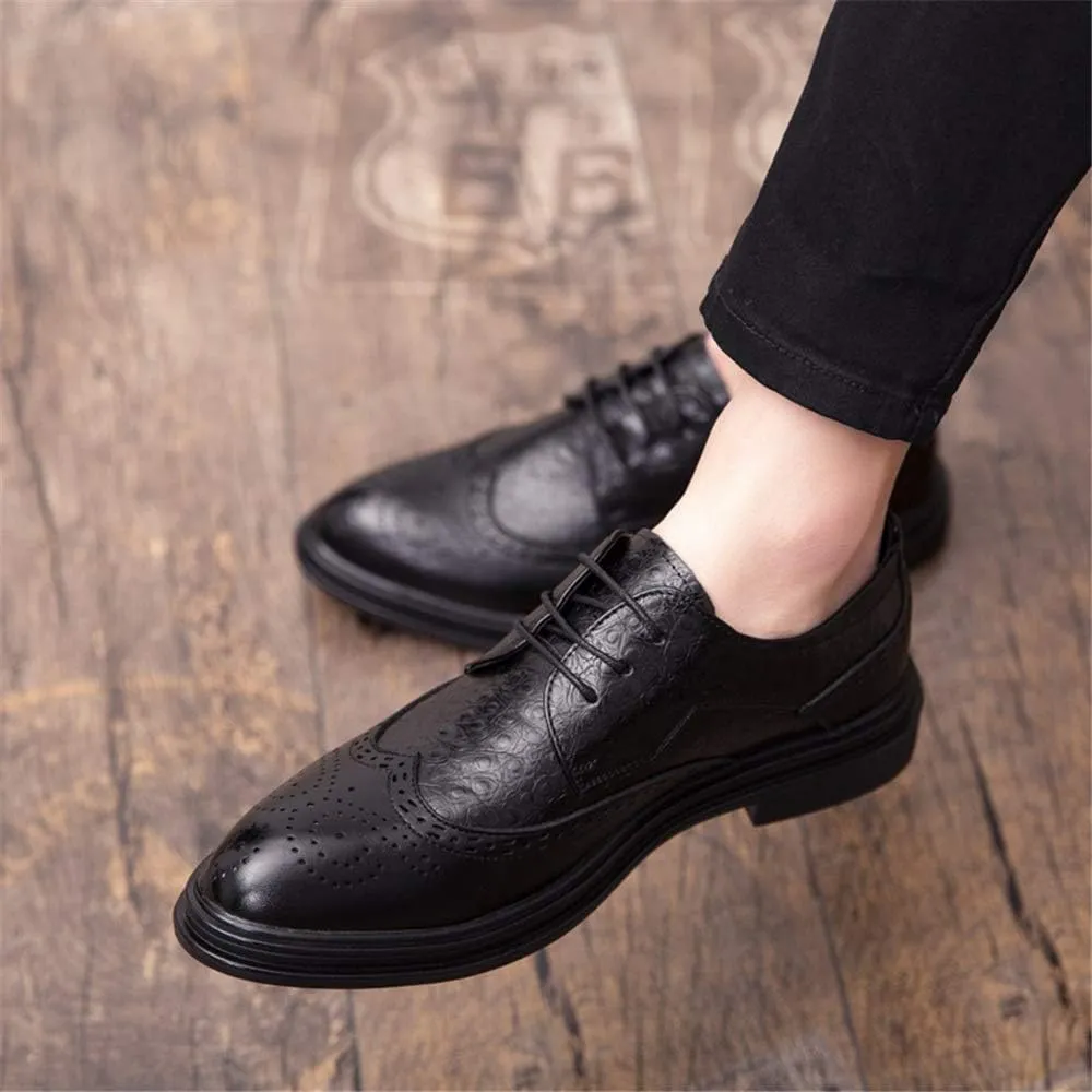 Single Season Shoes Dress Oxford for Men Lace Up Wing Tip Brogue Derby Shoes Cowhide Rubber Sole Non Slip Low Top Block Heel Wedding Very Popular Among Young People