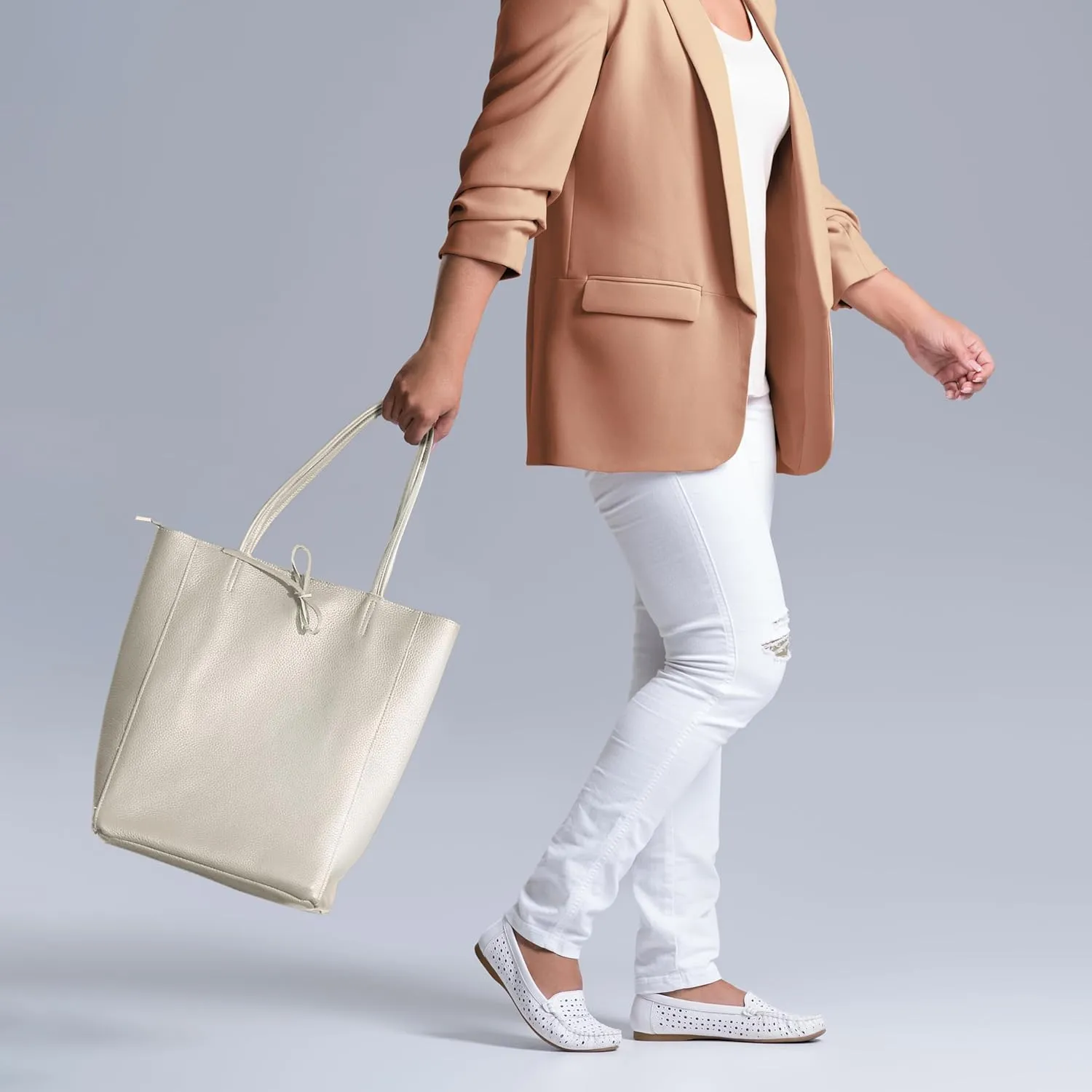 Soft Italian Genuine Calf Leather Tote Bag | Unstructured Unlined Shopper with Zipper, Inside Pocket & Flat Base