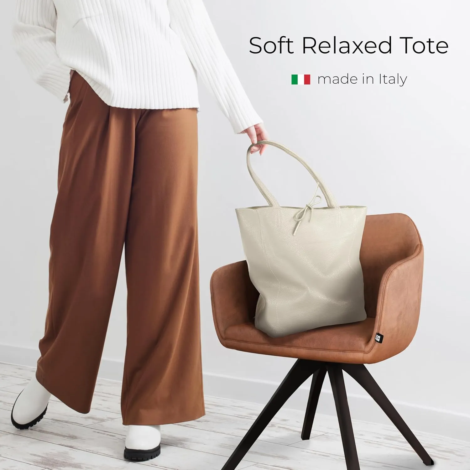 Soft Italian Genuine Calf Leather Tote Bag | Unstructured Unlined Shopper with Zipper, Inside Pocket & Flat Base