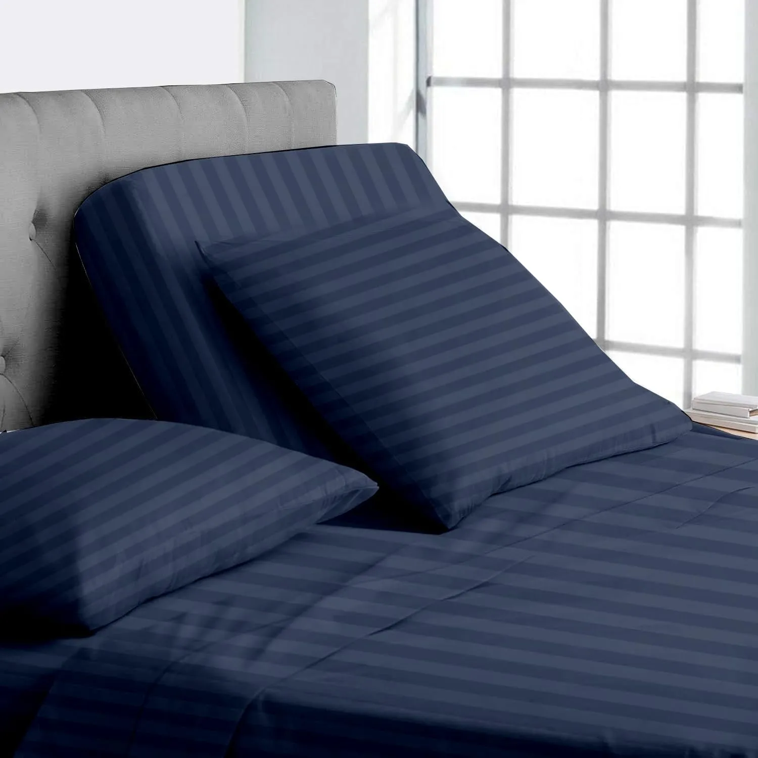 Split Head Flex King Sheets for Adjustable Beds,King Sheets for Sleep Number Bed 100% Egyptian Cotton - 4Pcs Sheet Set -34" Top Split Sheets to fit Upto 16" Deep Mattress (Navy Blue Stripe)